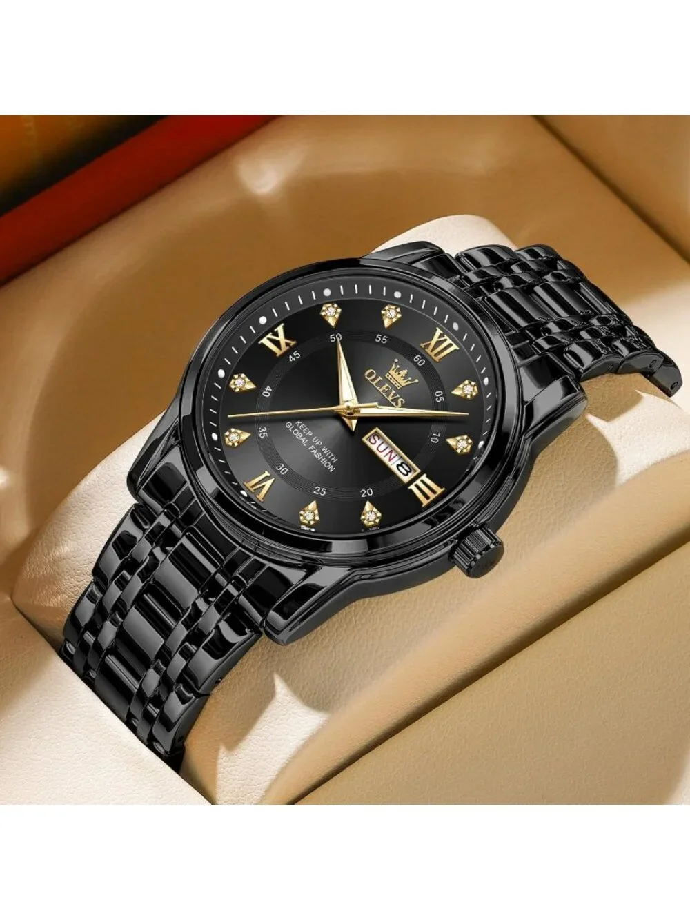 Olevs Men's Black Diamond Wrist Quartz Stainless Steel Luminous Luxury Watch